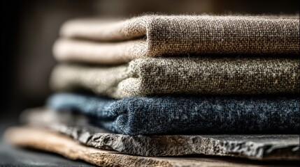 Stack of Folded Fabrics in Natural Tones on Stone Slab for Textile Design and Mockups