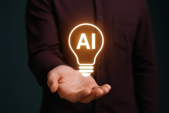 Person Holding Glowing Light Bulb with AI Text Symbolizing Artificial Intelligence Breakthrough and Innovation