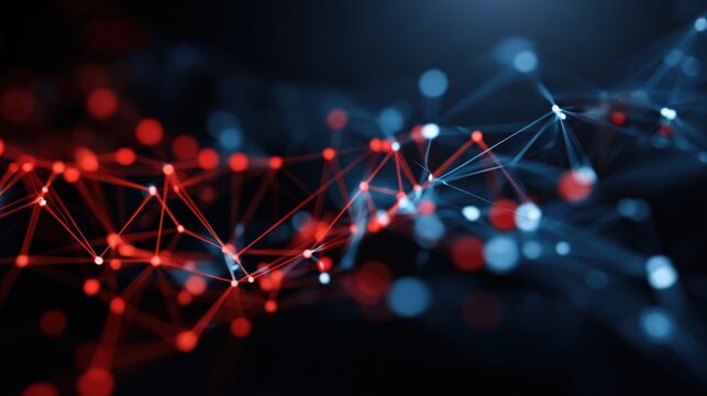 Abstract Network Connection Background with Red and Blue Nodes, Representing Data and Technology
