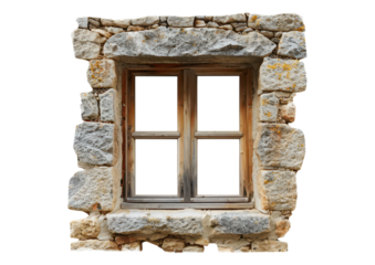 old wooden window in stone wall isolated on white or transparent png