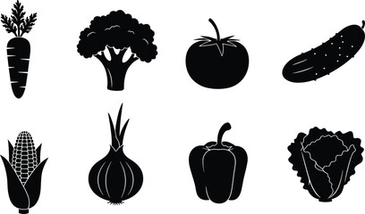 Vegetable silhouettes vector set, healthy food icons, organic farm produce graphics, black vegetable illustrations, kitchen cooking design elements, fresh garden harvest.