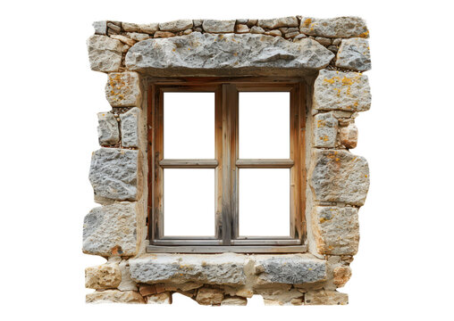 Fototapeta old wooden window in stone wall isolated on white or transparent png