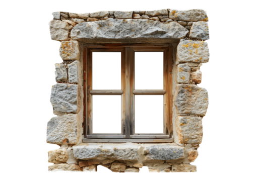 old wooden window in stone wall isolated on white or transparent png