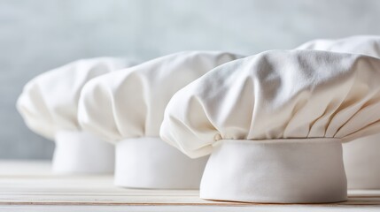 Obraz premium Chef Hats in a Row: Culinary Team Uniforms and Professional Kitchen Apparel Concept