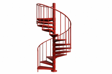 Vibrant Red Metal Spiral Staircase with Intricate Railings Against a Stark Contrast Background