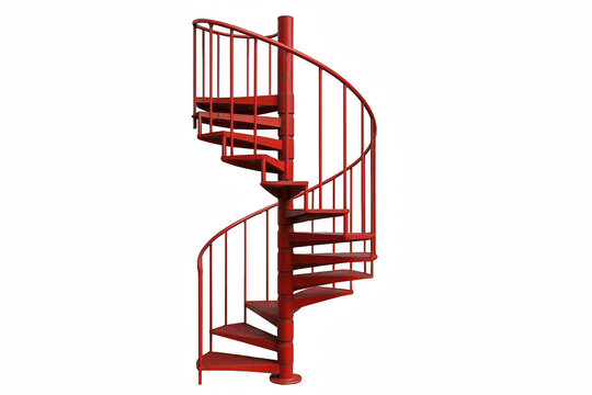 Vibrant Red Metal Spiral Staircase with Intricate Railings Against a Stark Contrast Background - Powered by Adobe