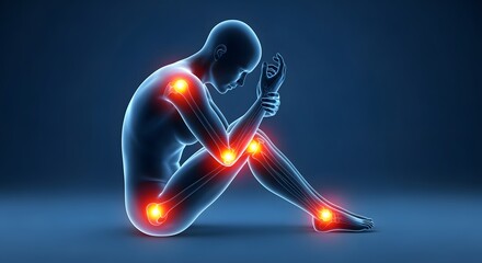 Human Figure Sitting with Glowing Red Joints in Blue Gradient