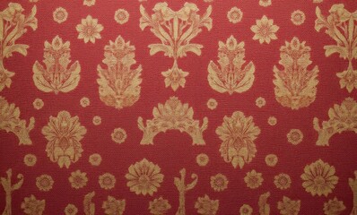 Elegant red and gold floral wallpaper design with intricate patterns.