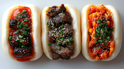 Delicious bao buns filled with savory grilled meat, spicy kimchi, and garnished with sesame seeds and green onions provide a tasty and appetizing culinary experience.