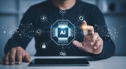 AI integration concept: A Man interacting with digital interface displaying artificial intelligence icons, emphasizing future technology