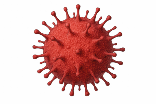 Detailed 3D Rendering of a Red Coronavirus Particle with Spikes, Illustrating Pathogen Structure and Microscopic Detail