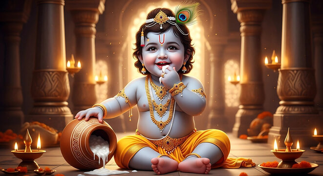Cute Baby Krishna: Adorable Little Lord Krishna with curd Pot