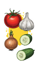 Vibrant fresh vegetables illustration featuring tomato garlic onion and cucumbers for culinary use