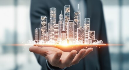 Architectural Vision: Man Holding Futuristic Cityscape Hologram, Envisioning Urban Development and Sustainable Innovation with Technological Advancement