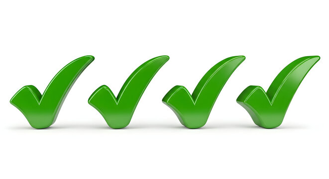 Triple Green Check Marks in Row Aligned on White Base