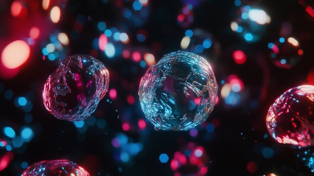 Abstract floating bubbles with vivid neon colors and soft highlights create a dreamy and ethereal atmosphere