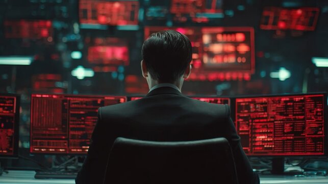 Man in dark suit facing multiple computer screens displaying red data, symbolizing cybersecurity