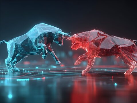 Futuristic Bull vs Bear Digital Illustration: Stock Market, cryptocurrency Volatility Abstract - Powered by Adobe