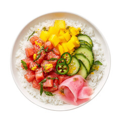 Fresh salmon poke bowl with vibrant vegetables and tropical fruit, salmon poke bowl served with avocado and cucumber, colorful salmon poke bowl with rice and sesame seeds Isolated transparent 