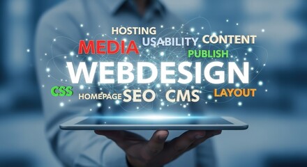 Web Design Concept: Man Holding Tablet Displaying Internet Marketing and Development Terms