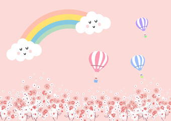 soft pink baby kids cute background wallpaper mural 3d pink white flower garden with rainbow clouds air balloon and stars