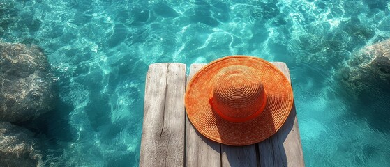 Vibrant orange straw sun hat resting on rustic wooden planks next to crystal clear turquoise ocean water