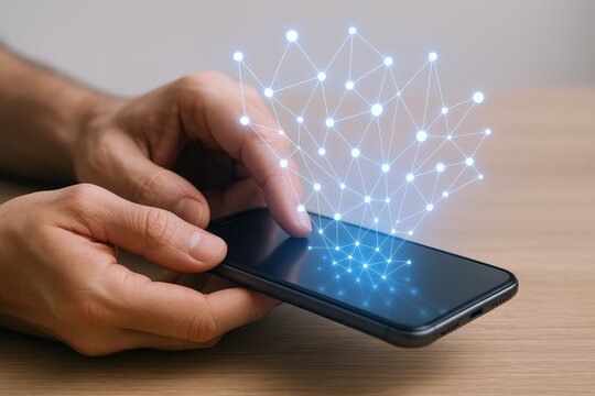 Mobile Connectivity: A Man's Hands Interact with a Smartphone Displaying a Glowing Network Visualization