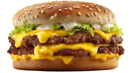 Close-up of a double cheeseburger with lettuce and sesame seeds isolated on white background transparent png
