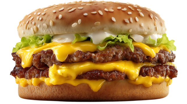 Close-up of a double cheeseburger with lettuce and sesame seeds isolated on white background transparent png