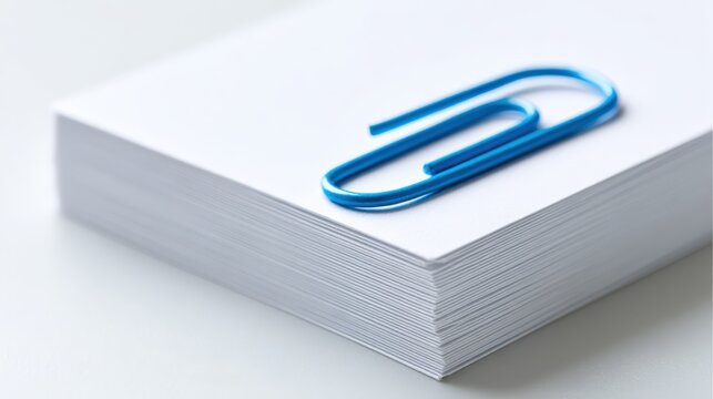 Stack of Blank White Paper with Blue Paperclip for Office Stationery and Organization