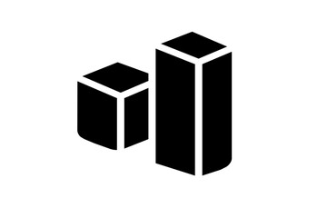 The image is a minimalist, black and white, isometric illustration of a bar graph. It depicts two vertical bars of different heights, giving a three-dimensional perspective