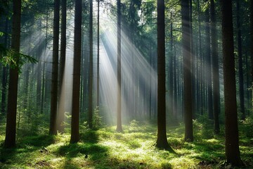 Obraz premium Sunlight Streaming Through Forest Trees