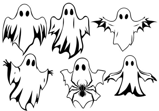 Spooky yet friendly, this vector illustration features a set of six diverse and playful ghost icons, ready for creating festive and fun Halloween-themed projects.