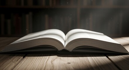 Fototapeta premium Open Book on Wooden Table with Soft Light and Bookshelf Background for Education and Knowledge Concepts Thirty Words