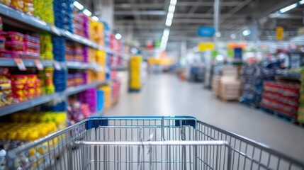Shopping Cart Perspective in Supermarket Aisle with Blurred Products on Shelves, Representing Consumerism