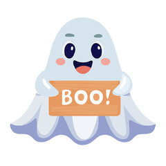 Obraz premium A ghost holding a sign that says Boo! in a happy and playful mood. The ghost is holding the sign in a way that makes it look like it's about to say something