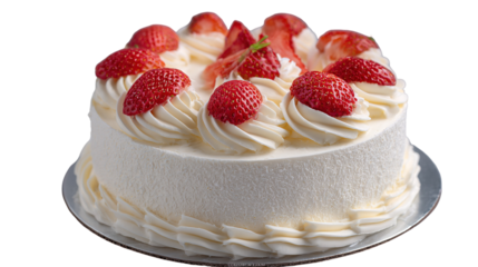 White chocolate strawberry yogurt cake decorated with fresh fruits and chocolate chunk on wood table. Delicious and sweet pink cake for Valentines or birthday party. Homemade bakery concept.