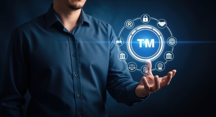 Intellectual Property Concept: Man Holding Digital Display Representing Rights and Legal Protection