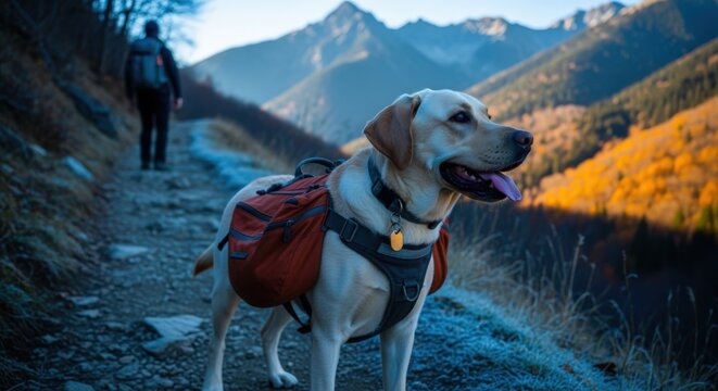Golden Labrador Retriever Dog Hiking in Mountain with Backpack, Companion Animal Exploring Outdoors
