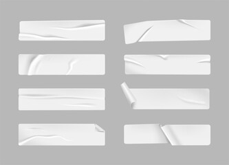 Fototapeta premium Glued white tape. Curled and wrinkled rectangular stickers or tape strips with soft shadow and realistic creased texture, blank white adhesive paper. Vector 3D mock up set