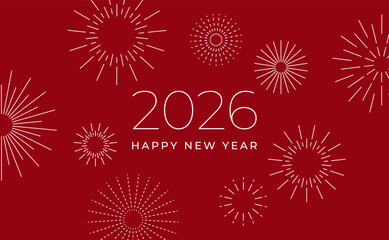 New Year 2026 greeting with elegant line firework bursts, festive mood, modern minimal style. Holiday card, banner, invitation, marketing template. Flat vector illustration