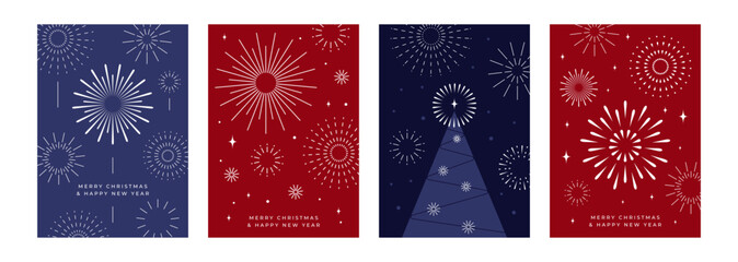 Christmas, New Year greeting cards with fireworks, Christmas tree, sparkles, festive atmosphere. Modern abstract style, holiday banner or invitation. Flat vector illustration