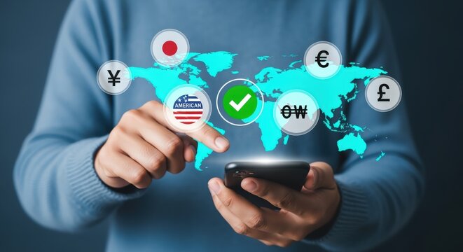 Global Currency Exchange: Person Using Phone with Digital Currency Symbols and World Map Illustration