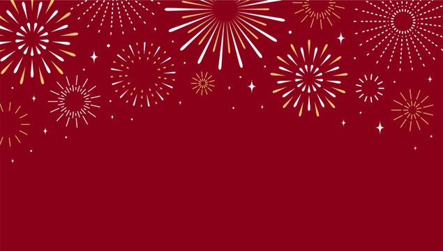 Festive fireworks. White gold firework on top border of red background, festive Christmas and New Year celebration. Independence Day holiday cards, banners, party invites. Vector illustration