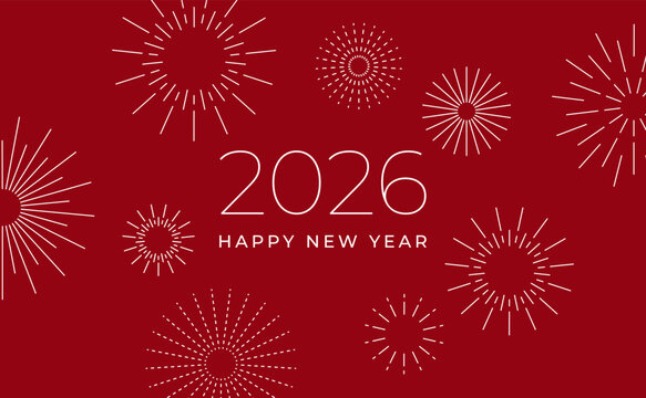 New Year 2026 greeting with elegant line firework bursts, festive mood, modern minimal style. Holiday card, banner, invitation, marketing template. Flat vector illustration
