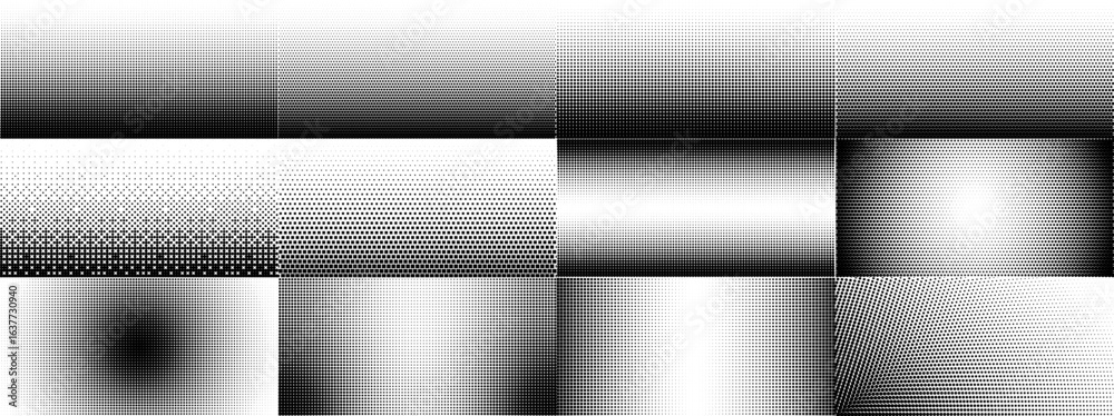 Poster halftone linear gradient and radial textures with dot and square patterns, optical distortions, nois