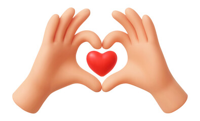 3d hands in love gesture around red heart symbol emoji icon. Love, care and kindness, positivity concept for charity, empathy, social media. Glossy cartoon 3D vector illustration
