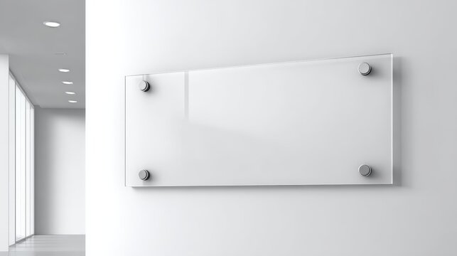 Blank Glass Sign Mockup on White Wall in Modern Interior Office Space, Business Template - Powered by Adobe