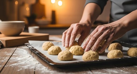 Baking fresh cookies A culinary scene of hands arranging cookie dough on a tray for baking