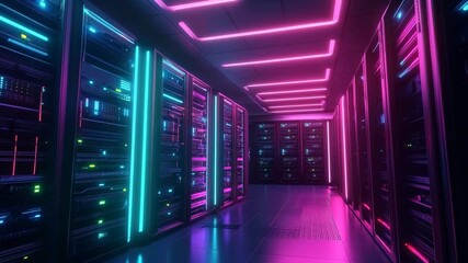 In a sleek environment, vibrant neon lights illuminate rows of advanced servers, creating a captivating and immersive atmosphere in a modern data center. - Powered by Adobe
